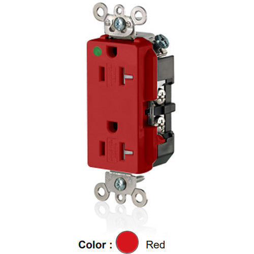 Leviton 16362-SGR, Decora Plus Straight Blade Duplex Receptacle, Extra Heavy-Duty Hospital Grade, Tamper-Resistant, Smooth Face, 20A 125V, NEMA 5-20R, 2-Pole, 3-Wire, Back and Side Wire, Red