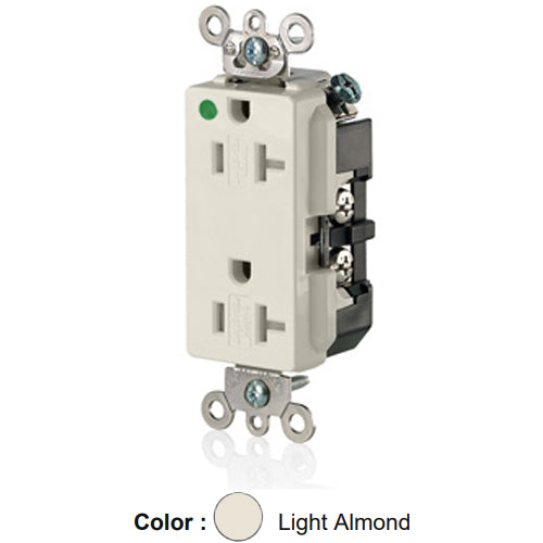 Leviton 16362-SGT, Decora Plus Straight Blade Duplex Receptacle, Extra Heavy-Duty Hospital Grade, Tamper-Resistant, Smooth Face, 20A 125V, NEMA 5-20R, 2-Pole, 3-Wire, Back and Side Wire, Light Almond