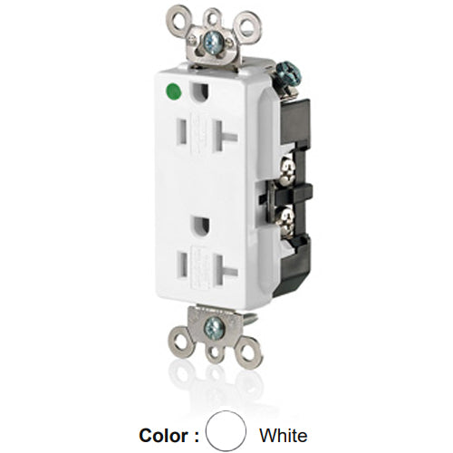 Leviton 16362-SGW, Decora Plus Straight Blade Duplex Receptacle, Extra Heavy-Duty Hospital Grade, Tamper-Resistant, Smooth Face, 20A 125V, NEMA 5-20R, 2-Pole, 3-Wire, Back and Side Wire, White