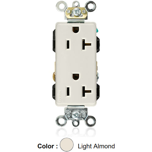 Leviton 16362-T, Decora Plus Straight Blade Duplex Receptacle, Heavy-Duty Industrial Specification Grade, Smooth Face, 20A 125V, NEMA 5-20R, 2-Pole, 3-Wire, Back and Side Wire, Light Almond