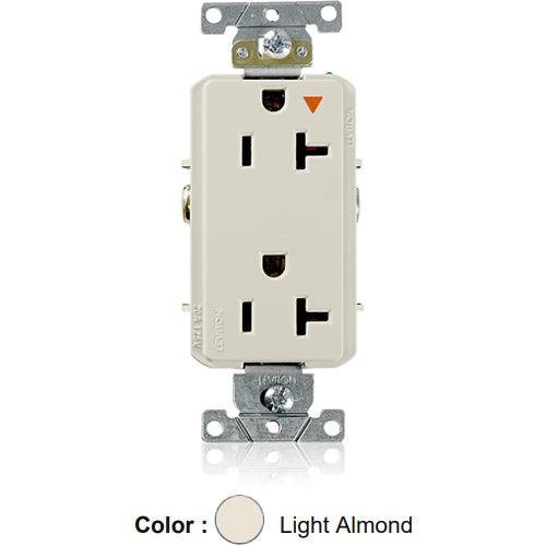 Leviton 16362-TIG, Decora Plus Straight Blade Duplex Receptacle, Heavy-Duty Industrial Specification Grade, Smooth Face, Isolated Ground, 20A 125V, NEMA 5-20R, 2-Pole, 3-Wire, Back and Side Wire, Light Almond