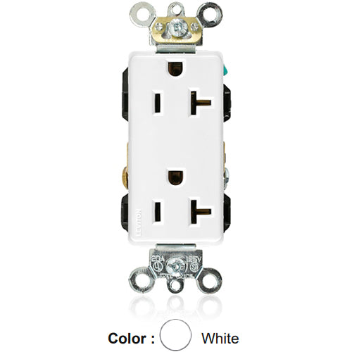 Leviton 16362-W, Decora Plus Straight Blade Duplex Receptacle, Heavy-Duty Industrial Specification Grade, Smooth Face, 20A 125V, NEMA 5-20R, 2-Pole, 3-Wire, Back and Side Wire, White