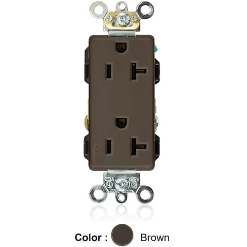 Leviton 16362, Decora Plus Straight Blade Duplex Receptacle, Heavy-Duty Industrial Specification Grade, Smooth Face, 20A 125V, NEMA 5-20R, 2-Pole, 3-Wire, Back and Side Wire, Brown