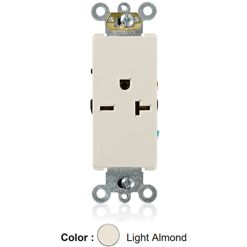 Leviton 16441-T, Decora Plus Straight Blade Single Receptacle, Commercial Specification Grade, Smooth Face, 20A 250V, NEMA 6-20R, 2-Pole, 3-Wire, Side Wire Only, Light Almond