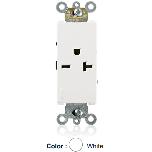 Leviton 16441-W, Decora Plus Straight Blade Single Receptacle, Commercial Specification Grade, Smooth Face, 20A 250V, NEMA 6-20R, 2-Pole, 3-Wire, Side Wire Only, White