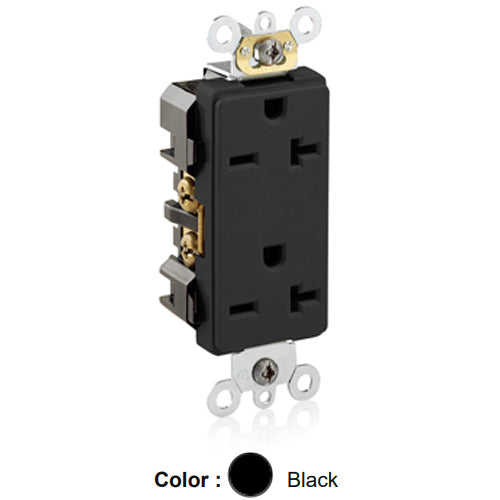 Leviton 16462-E, Decora Plus Straight Blade Duplex Receptacle, Commercial Specification Grade, Smooth Face, 20A 250V, NEMA 6-20R, 2-Pole, 3-Wire, Back and Side Wire, Black