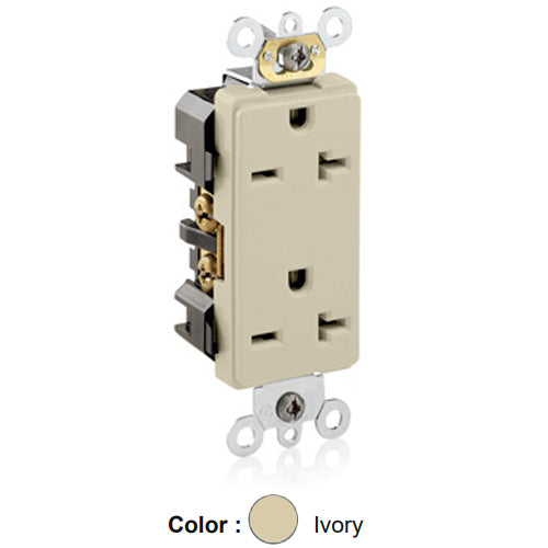 Leviton 16462-I, Decora Plus Straight Blade Duplex Receptacle, Commercial Specification Grade, Smooth Face, 20A 250V, NEMA 6-20R, 2-Pole, 3-Wire, Back and Side Wire, Ivory