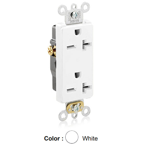 Leviton 16462-W, Decora Plus Straight Blade Duplex Receptacle, Commercial Specification Grade, Smooth Face, 20A 250V, NEMA 6-20R, 2-Pole, 3-Wire, Back and Side Wire, White