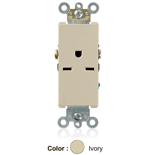 Leviton 16641-I, Decora Plus Straight Blade Single Receptacle, Commercial Specification Grade, Smooth Face, 15A 250V, NEMA 6-15R, 2-Pole, 3-Wire, Side Wire Only, Ivory