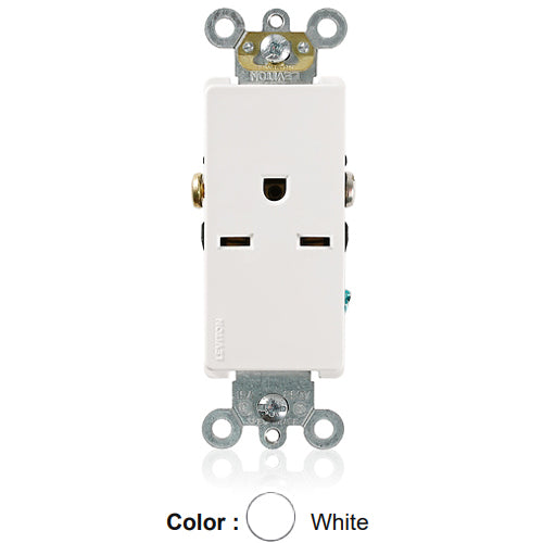 Leviton 16641-W, Decora Plus Straight Blade Single Receptacle, Commercial Specification Grade, Smooth Face, 15A 250V, NEMA 6-15R, 2-Pole, 3-Wire, Side Wire Only, White