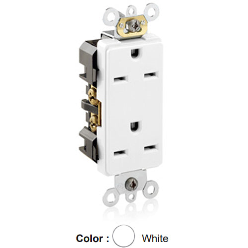 Leviton 16662-W, Decora Plus Straight Blade Duplex Receptacle, Commercial Specification Grade, Smooth Face, 15A 250V, NEMA 6-15R, 2-Pole, 3-Wire, Back and Side Wire, White