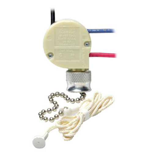 Leviton 1689-50, Single Pole Pull Chain Switch, Heavy Duty Industrial Grade, Two Circuit, Four Positions, Black, Blue, Red Leads, Sequence LOW-MED-HIGH-OFF (L1, L2, L1 & 2, OFF)