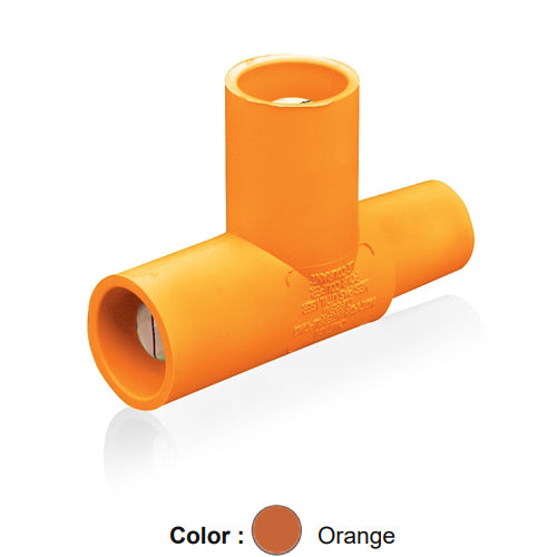 Leviton 16A21-UO, 16 Series Single Pole Cam-Type Paralleling Tee Adapter, 3-Way ''T'' Connector, Female-Male-Male, 400 Amp Max, Orange