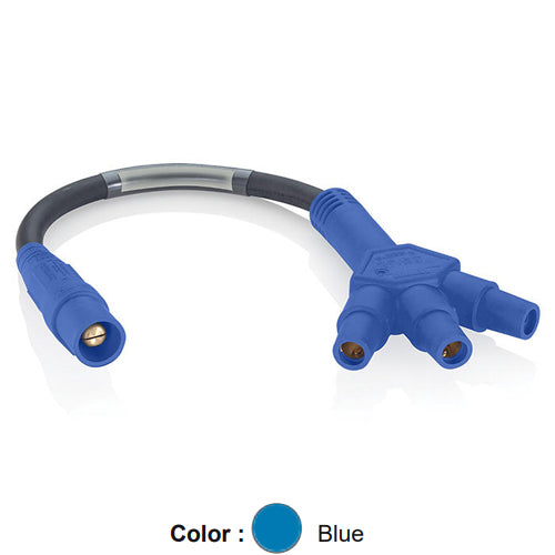 Leviton 16A33-UB, 16 Series Single Pole Cam-Type Soft 3-Fer Adapter, 45 Degree, Male Plug to Female/Female/Female Tri-Tap, 24'' Cable Length, 4/0 Cable Range, 400 Amp Max, Blue