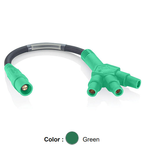 Leviton 16A33-UG, 16 Series Single Pole Cam-Type Soft 3-Fer Adapter, 45 Degree, Male Plug to Female/Female/Female Tri-Tap, 24'' Cable Length, 4/0 Cable Range, 400 Amp Max, Green