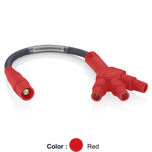 Leviton 16A33-UR, 16 Series Single Pole Cam-Type Soft 3-Fer Adapter, 45 Degree, Male Plug to Female/Female/Female Tri-Tap, 24'' Cable Length, 4/0 Cable Range, 400 Amp Max, Red