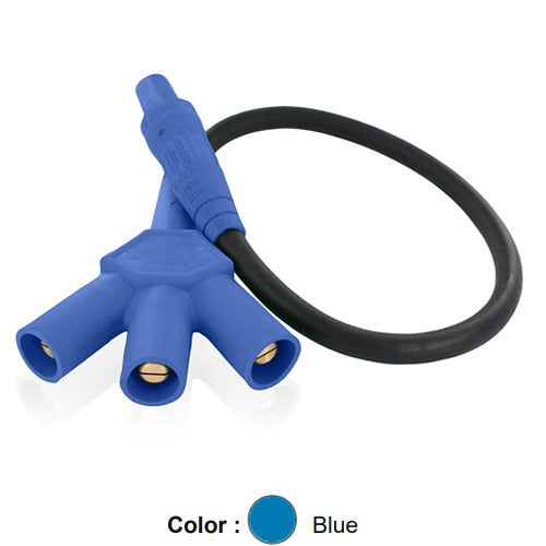 Leviton 16A36-UB, 16 Series Single Pole Cam-Type Soft 3-Fer Adapter, 45 Degree, Female Plug to Male/Male/Male Tri-Tap, 24'' Cable Length, 4/0 Cable Range, 400 Amp Max, Blue