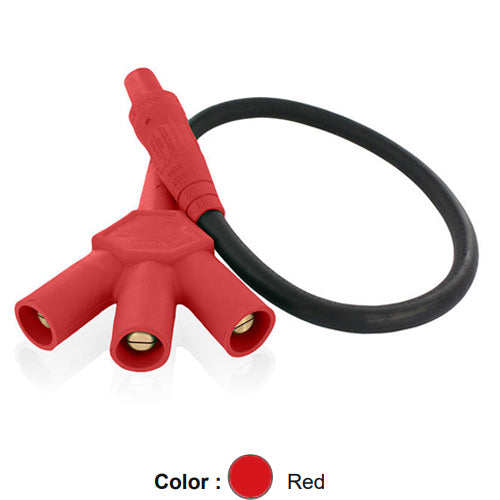 Leviton 16A36-UR, 16 Series Single Pole Cam-Type Soft 3-Fer Adapter, 45 Degree, Female Plug to Male/Male/Male Tri-Tap, 24'' Cable Length, 4/0 Cable Range, 400 Amp Max, Red