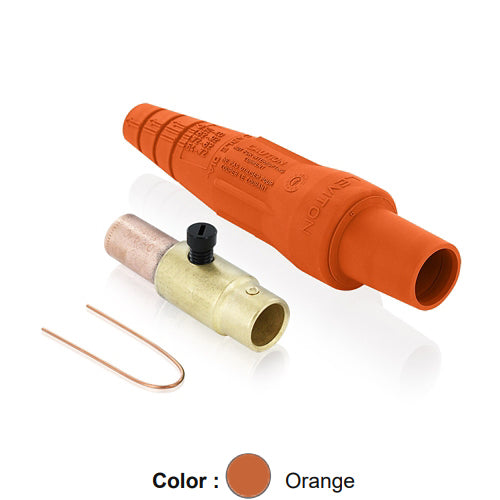 Leviton 16D37-UO, 16 Series Taper Nose Single Pole Cam-Type Female Plug, Contact & Insulator, Detachable, Industrial Grade, 400 Amp Max, 600 VAC/DC Max, Crimp Tube Termination, 3/0 - 4/0 AWG, Orange