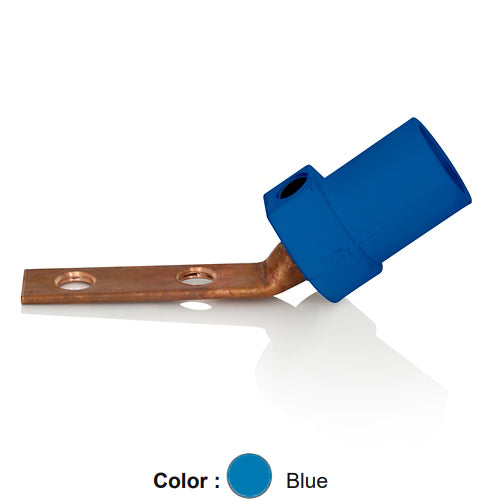 Leviton 16M21-2UB, 16 Series Single Pole Cam-Type Male Angle Terminal Connector, Industrial Grade, 2 Holes, Bus Bar Mount, #2 - 4/0 AWG, 400 Amp Max, Blue