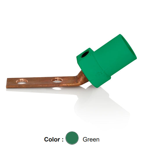Leviton 16M21-2UG, 16 Series Single Pole Cam-Type Male Angle Terminal Connector, Industrial Grade, 2 Holes, Bus Bar Mount, #2 - 4/0 AWG, 400 Amp Max, Green