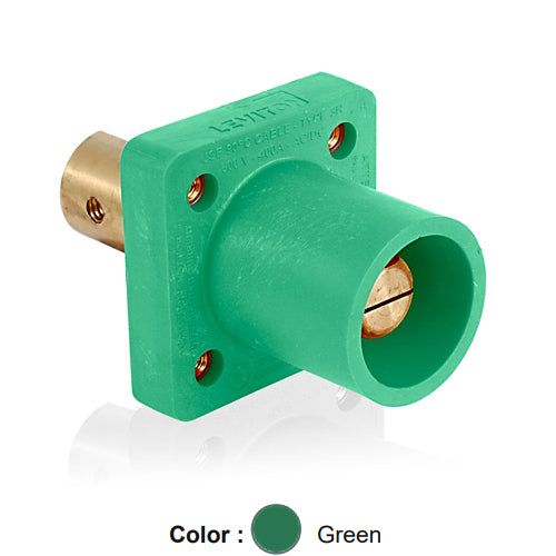 Leviton 16R19-UG, 16 Series Single Pole Cam-Type Male Panel Mount Receptacle with Self-Clinching Nut, Industrial Grade, 90-Degree, Half Round with Tapped Hole Termination, #2 - 4/0 AWG, 400 Amp Max, Green