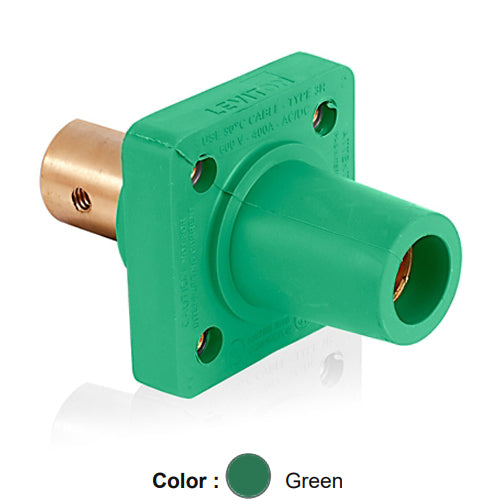 Leviton 16R20-UG, 16 Series Single Pole Cam-Type Female Panel Mount Receptacle with Self-Clinching Nut, Industrial Grade, 90-Degree, Half Round with Tapped Hole Termination, #2 - 4/0 AWG, 400 Amp Max, Green