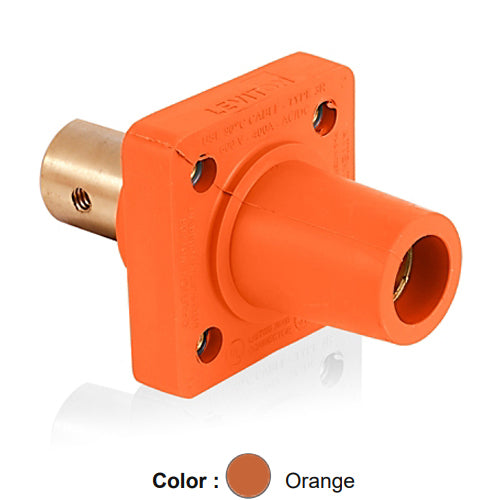 Leviton 16R20-UO, 16 Series Single Pole Cam-Type Female Panel Mount Receptacle with Self-Clinching Nut, Industrial Grade, 90-Degree, Half Round with Tapped Hole Termination, #2 - 4/0 AWG, 400 Amp Max, Orange