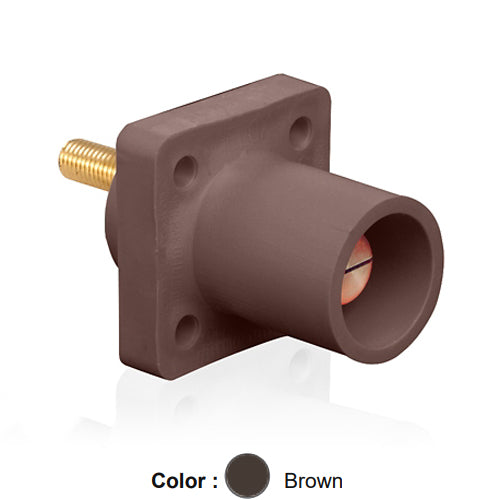 Leviton 16R23-1UH, 16 Series Single Pole Cam-Type Male Panel Mount Receptacle, Industrial Grade, 90-Degree, 1.125'' Length Threaded Stud Termination, #2 - 4/0 AWG, 400 Amp Max, Brown