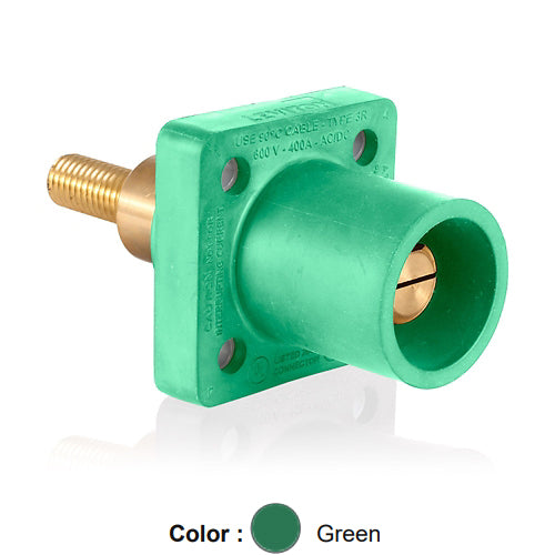 Leviton 16R23-2UG, 16 Series Single Pole Cam-Type Male Panel Mount Receptacle, Industrial Grade, 90-Degree, 1.25'' Length Threaded Stud Termination, 0.75'' Extended Shoulder, #2 - 4/0 AWG, 400 Amp Max, Green