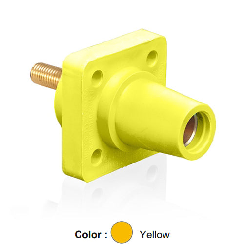 Leviton 16R24-1UY, 16 Series Single Pole Cam-Type Female Panel Mount Receptacle, Industrial Grade, 90-Degree, 1.125'' Length Threaded Stud Termination, #2 - 4/0 AWG, 400 Amp Max, Yellow