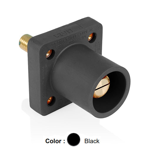 Leviton 16R25-1UE, 16 Series Single Pole Cam-Type Male Panel Mount Receptacle with Self-Clinching Nut, Industrial Grade, 90-Degree, 1.125'' Length Threaded Stud Termination, #2 - 4/0 AWG, 400 Amp Max, Black