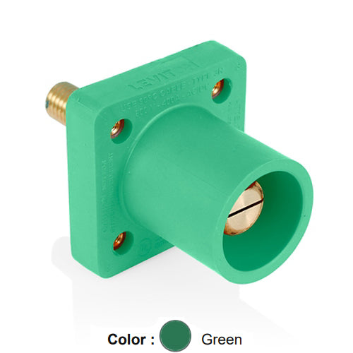 Leviton 16R25-1UG, 16 Series Single Pole Cam-Type Male Panel Mount Receptacle with Self-Clinching Nut, Industrial Grade, 90-Degree, 1.125'' Length Threaded Stud Termination, #2 - 4/0 AWG, 400 Amp Max, Green