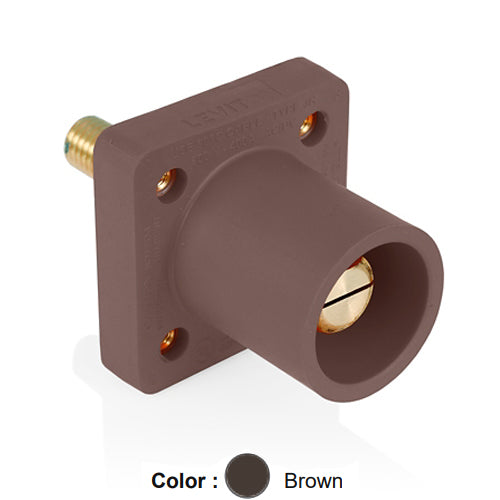 Leviton 16R25-1UH, 16 Series Single Pole Cam-Type Male Panel Mount Receptacle with Self-Clinching Nut, Industrial Grade, 90-Degree, 1.125'' Length Threaded Stud Termination, #2 - 4/0 AWG, 400 Amp Max, Brown