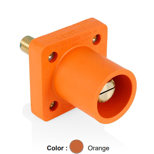 Leviton 16R25-1UO, 16 Series Single Pole Cam-Type Male Panel Mount Receptacle with Self-Clinching Nut, Industrial Grade, 90-Degree, 1.125'' Length Threaded Stud Termination, #2 - 4/0 AWG, 400 Amp Max, Orange