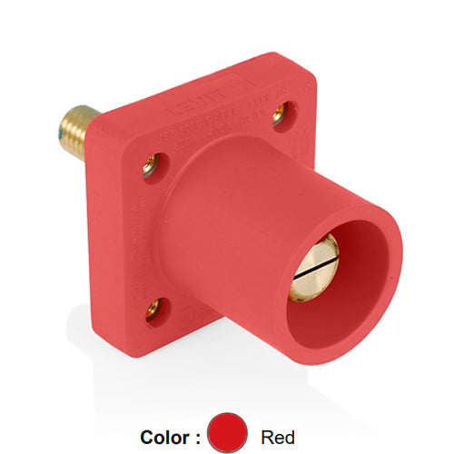 Leviton 16R25-1UR, 16 Series Single Pole Cam-Type Male Panel Mount Receptacle with Self-Clinching Nut, Industrial Grade, 90-Degree, 1.125'' Length Threaded Stud Termination, #2 - 4/0 AWG, 400 Amp Max, Red