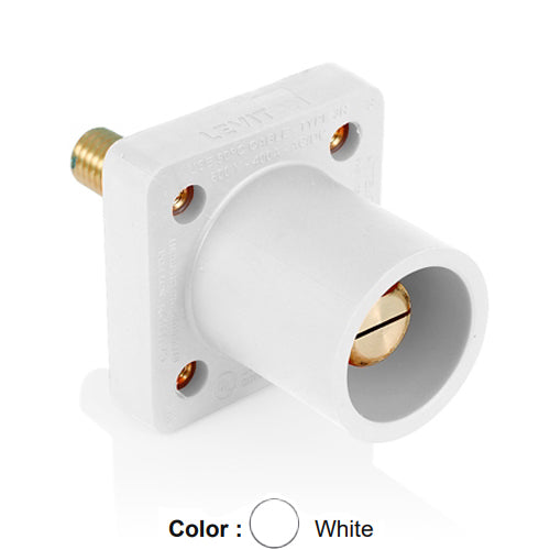 Leviton 16R25-1UW, 16 Series Single Pole Cam-Type Male Panel Mount Receptacle with Self-Clinching Nut, Industrial Grade, 90-Degree, 1.125'' Length Threaded Stud Termination, #2 - 4/0 AWG, 400 Amp Max, White