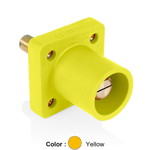 Leviton 16R25-1UY, 16 Series Single Pole Cam-Type Male Panel Mount Receptacle with Self-Clinching Nut, Industrial Grade, 90-Degree, 1.125'' Length Threaded Stud Termination, #2 - 4/0 AWG, 400 Amp Max, Yellow