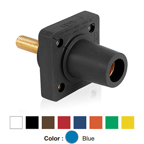Leviton 16R26-1UB, 16 Series Single Pole Cam-Type Female Panel Mount Receptacle with Self-Clinching Nut, Industrial Grade, 90-Degree, 1.125'' Length Threaded Stud Termination, #2 - 4/0 AWG, 400 Amp Max, Blue