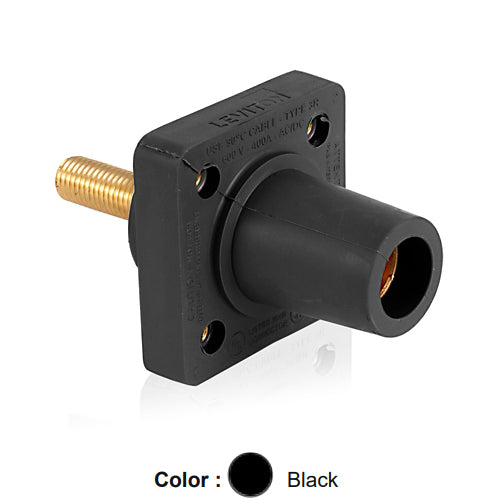 Leviton 16R26-1UE, 16 Series Single Pole Cam-Type Female Panel Mount Receptacle with Self-Clinching Nut, Industrial Grade, 90-Degree, 1.125'' Length Threaded Stud Termination, #2 - 4/0 AWG, 400 Amp Max, Black