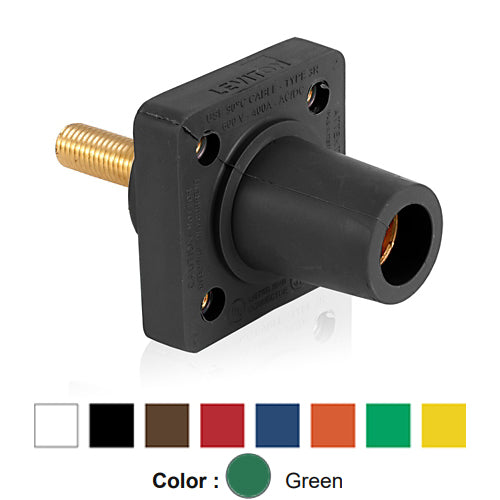 Leviton 16R26-1UG, 16 Series Single Pole Cam-Type Female Panel Mount Receptacle with Self-Clinching Nut, Industrial Grade, 90-Degree, 1.125'' Length Threaded Stud Termination, #2 - 4/0 AWG, 400 Amp Max, Green