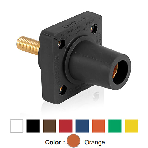 Leviton 16R26-1UO, 16 Series Single Pole Cam-Type Female Panel Mount Receptacle with Self-Clinching Nut, Industrial Grade, 90-Degree, 1.125'' Length Threaded Stud Termination, #2 - 4/0 AWG, 400 Amp Max, Orange