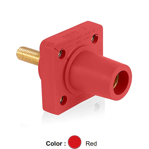 Leviton 16R26-1UR, 16 Series Single Pole Cam-Type Female Panel Mount Receptacle with Self-Clinching Nut, Industrial Grade, 90-Degree, 1.125'' Length Threaded Stud Termination, #2 - 4/0 AWG, 400 Amp Max, Red