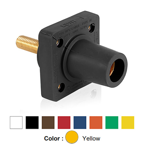 Leviton 16R26-1UY, 16 Series Single Pole Cam-Type Female Panel Mount Receptacle with Self-Clinching Nut, Industrial Grade, 90-Degree, 1.125'' Length Threaded Stud Termination, #2 - 4/0 AWG, 400 Amp Max, Yellow