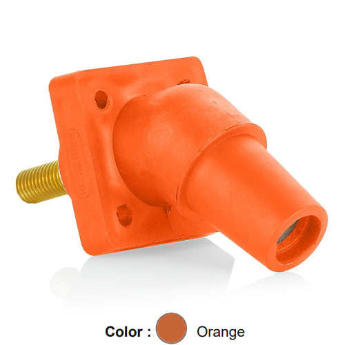 Leviton 16R30-1UO, 16 Series Single Pole Cam-Type Female Panel Mount Receptacle, Industrial Grade, 45-Degree, 1.125'' Length Threaded Stud Termination, #2 - 4/0 AWG, 400 Amp Max, Orange