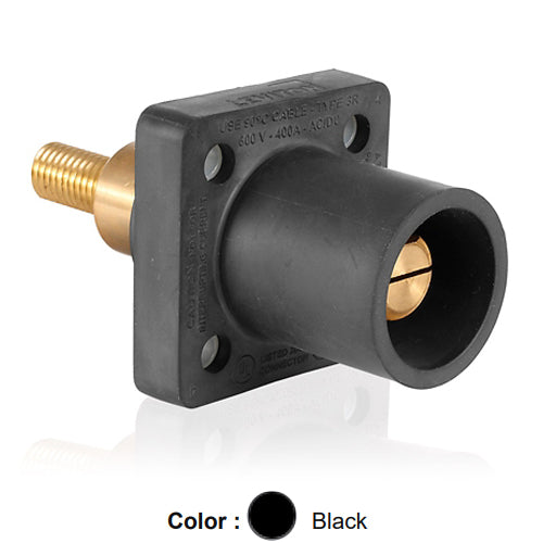 Leviton 16R31-XE, 16 Series Single Pole Cam-Type Male Panel Mount Receptacle, Industrial Grade, 90-Degree, 1.25'' Length Threaded Stud Termination, 0.75'' Extended Shoulder, #2 - 4/0 AWG, 400 Amp Max, Black