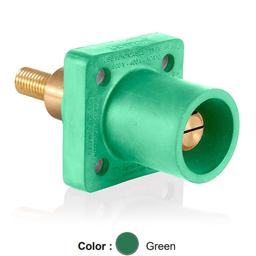 Leviton 16R31-XG, 16 Series Single Pole Cam-Type Male Panel Mount Receptacle, Industrial Grade, 90-Degree, 1.25'' Length Threaded Stud Termination, 0.75'' Extended Shoulder, #2 - 4/0 AWG, 400 Amp Max, Green