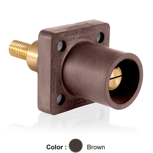 Leviton 16R31-XH, 16 Series Single Pole Cam-Type Male Panel Mount Receptacle, Industrial Grade, 90-Degree, 1.25'' Length Threaded Stud Termination, 0.75'' Extended Shoulder, #2 - 4/0 AWG, 400 Amp Max, Brown