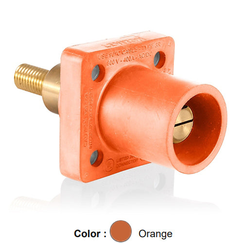 Leviton 16R31-XO, 16 Series Single Pole Cam-Type Male Panel Mount Receptacle, Industrial Grade, 90-Degree, 1.25'' Length Threaded Stud Termination, 0.75'' Extended Shoulder, #2 - 4/0 AWG, 400 Amp Max, Orange