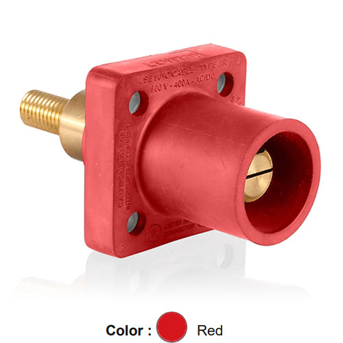Leviton 16R31-XR, 16 Series Single Pole Cam-Type Male Panel Mount Receptacle, Industrial Grade, 90-Degree, 1.25'' Length Threaded Stud Termination, 0.75'' Extended Shoulder, #2 - 4/0 AWG, 400 Amp Max, Red